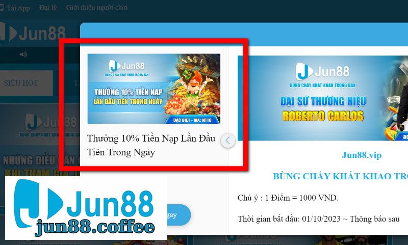 Khuyến Mãi Jun88: Thưởng 10% Tiền Nạp Lần Đầu Tiên Trong Ngày